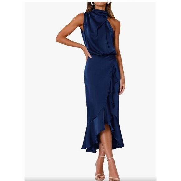 Kirundo Womens Sleeveless Navy Blue Ruffle Wrap Midi Dress Size Large Party - Picture 1 of 12